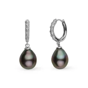 10.0-11.0 mm Tahitian Drop Pearl & Pave Diamond Large Hoop Earrings