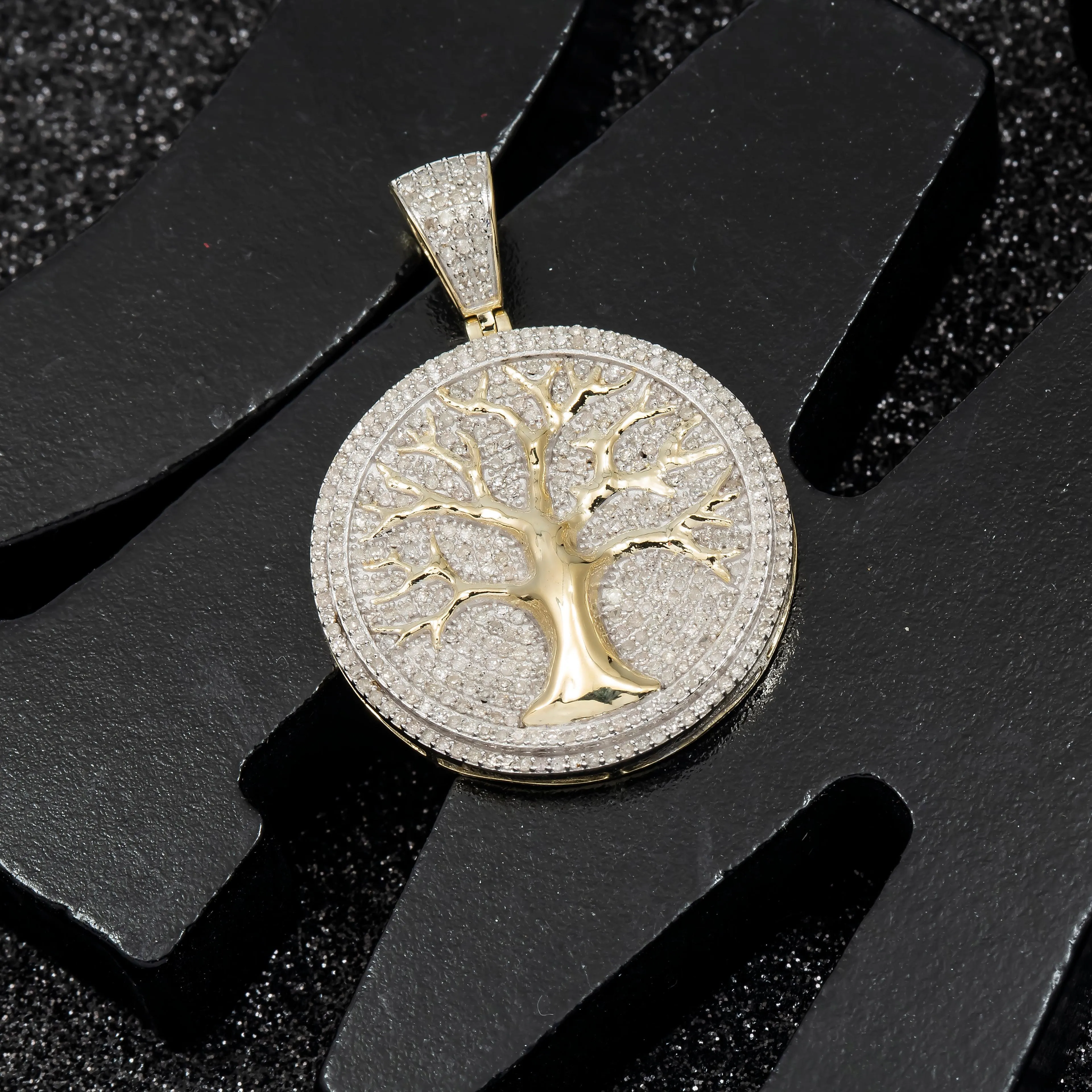 10K GOLD DIAMOND TREE OF LIFE COIN PENDANT 1.35 CT