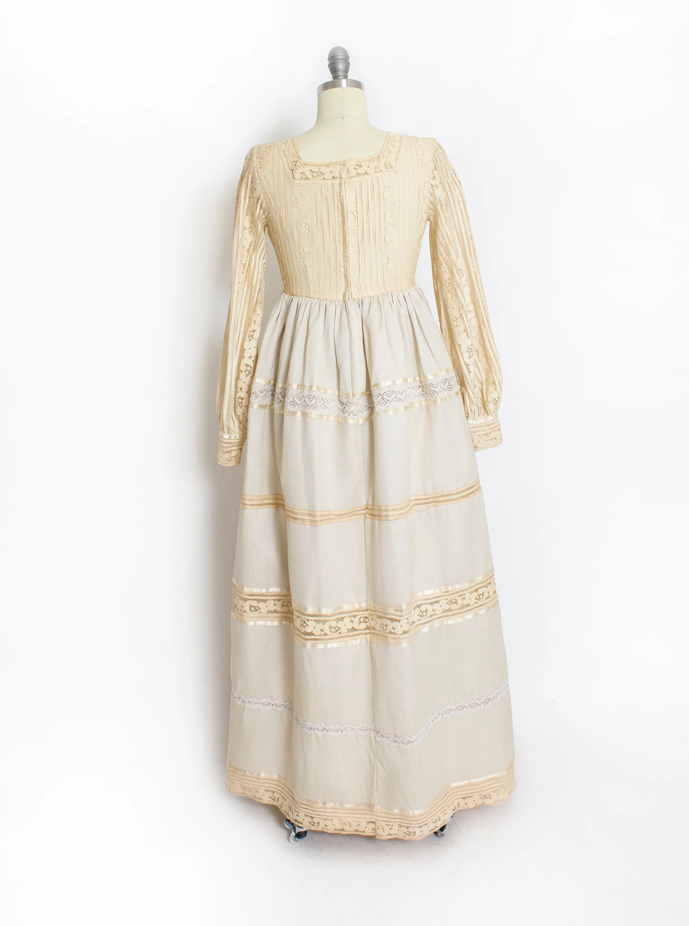 1960s Maxi Dress Boho Lace Wedding Gown Beige Small