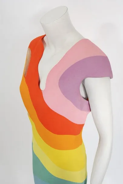 1990 Thierry Mugler Couture Documented Rainbow Bodycon Cut-Out Dress