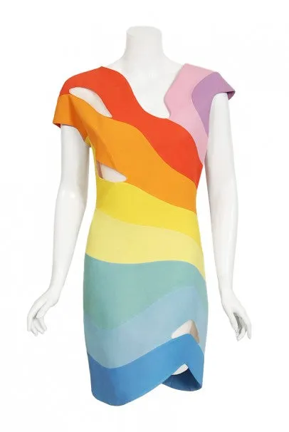 1990 Thierry Mugler Couture Documented Rainbow Bodycon Cut-Out Dress