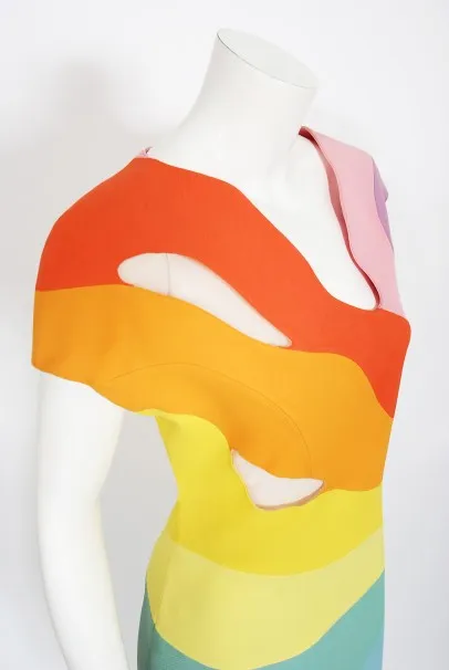 1990 Thierry Mugler Couture Documented Rainbow Bodycon Cut-Out Dress