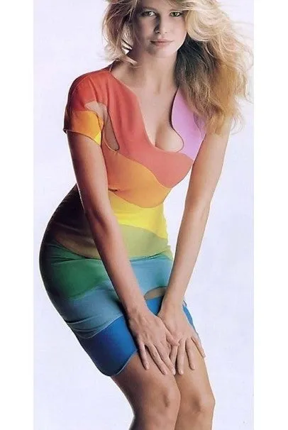 1990 Thierry Mugler Couture Documented Rainbow Bodycon Cut-Out Dress