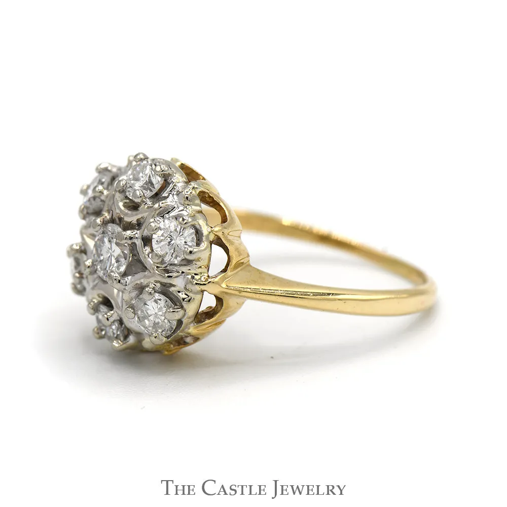 1cttw 7 Round Diamond Cluster Ring with Starburst Design in 14k Yellow Gold