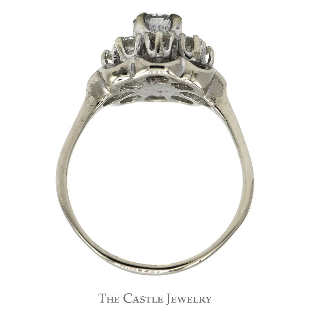 1cttw 9 Diamond Flower Cluster Ring in 14k White Gold Scalloped Mounting