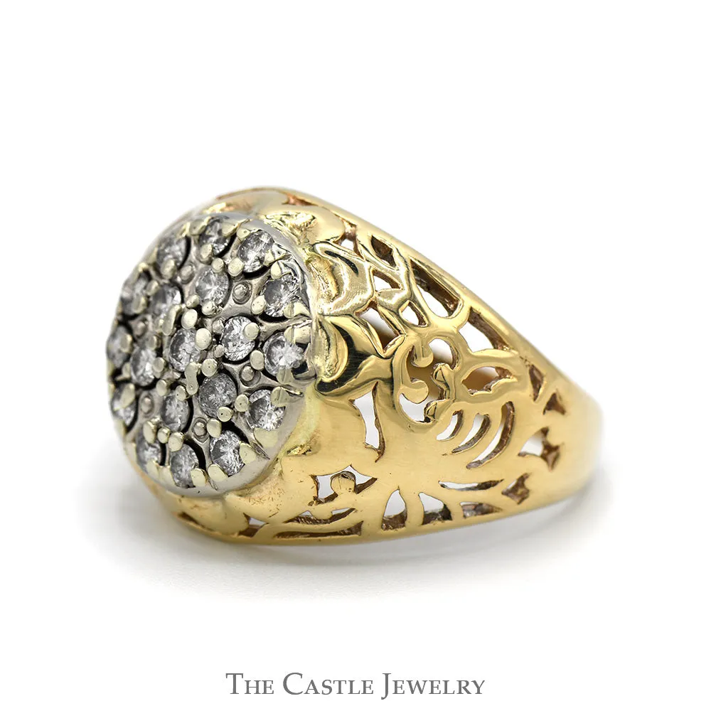 1cttw Kentucky Diamond Cluster Ring with Filigree Sides in 10k Yellow Gold