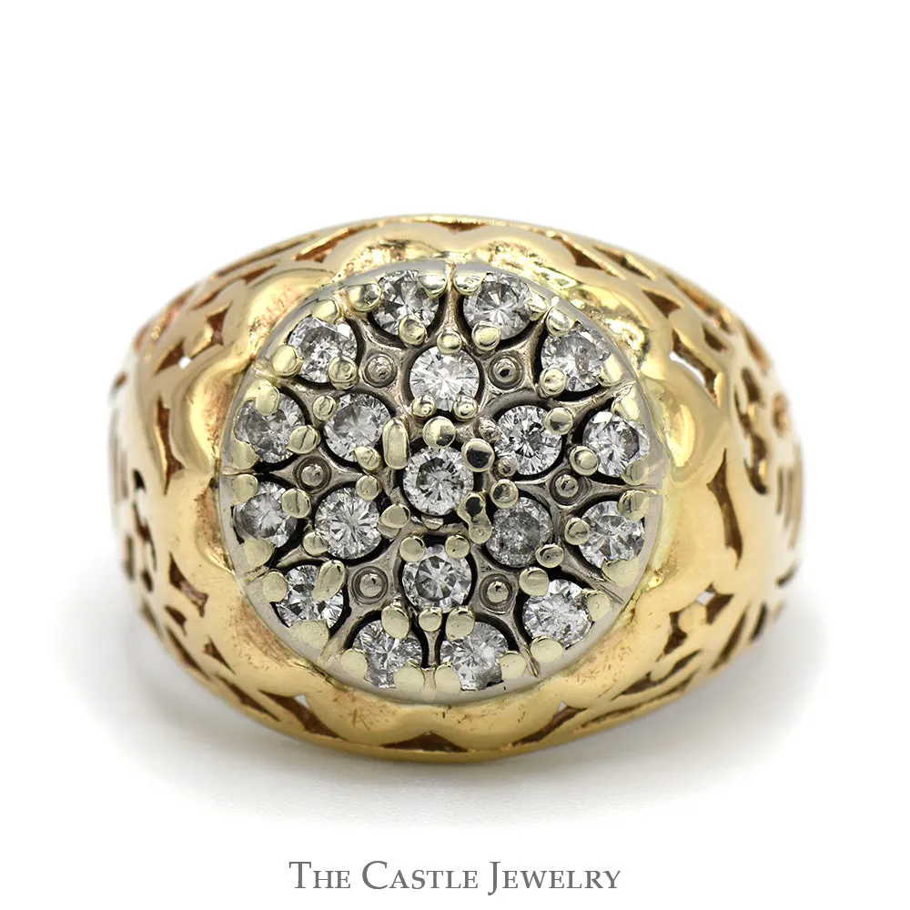 1cttw Kentucky Diamond Cluster Ring with Filigree Sides in 10k Yellow Gold