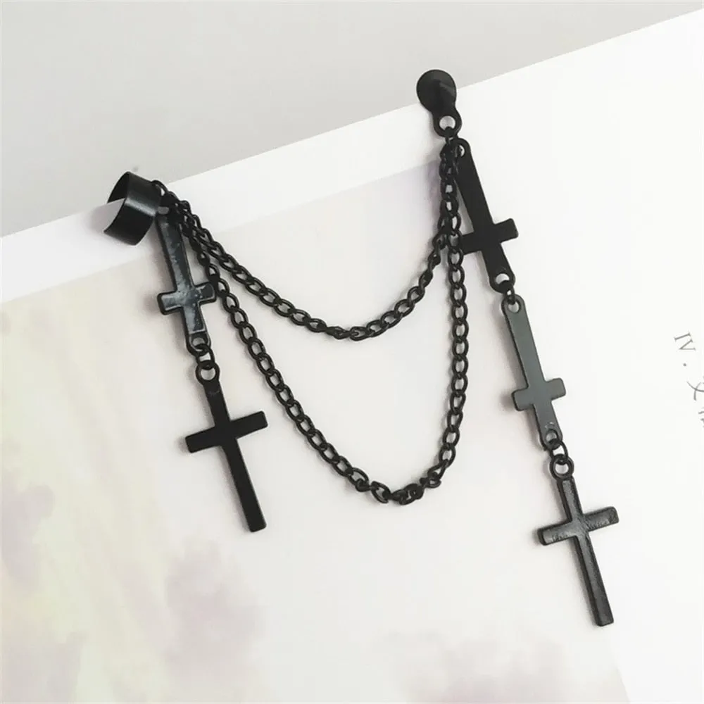 1pc Retro Punk Styles Cross Tassel Chains Ear Cuff Earrings For Women Girls Gothic Multi-Layer Tassel Earrings Hip Hop Jewelry