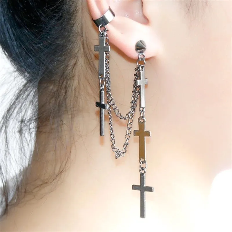 1pc Retro Punk Styles Cross Tassel Chains Ear Cuff Earrings For Women Girls Gothic Multi-Layer Tassel Earrings Hip Hop Jewelry