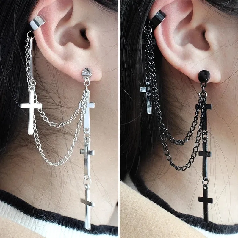 1pc Retro Punk Styles Cross Tassel Chains Ear Cuff Earrings For Women Girls Gothic Multi-Layer Tassel Earrings Hip Hop Jewelry