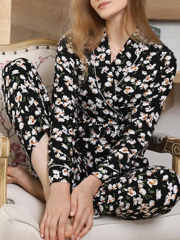 2Pcs Floral Long Sleeve Robe Set