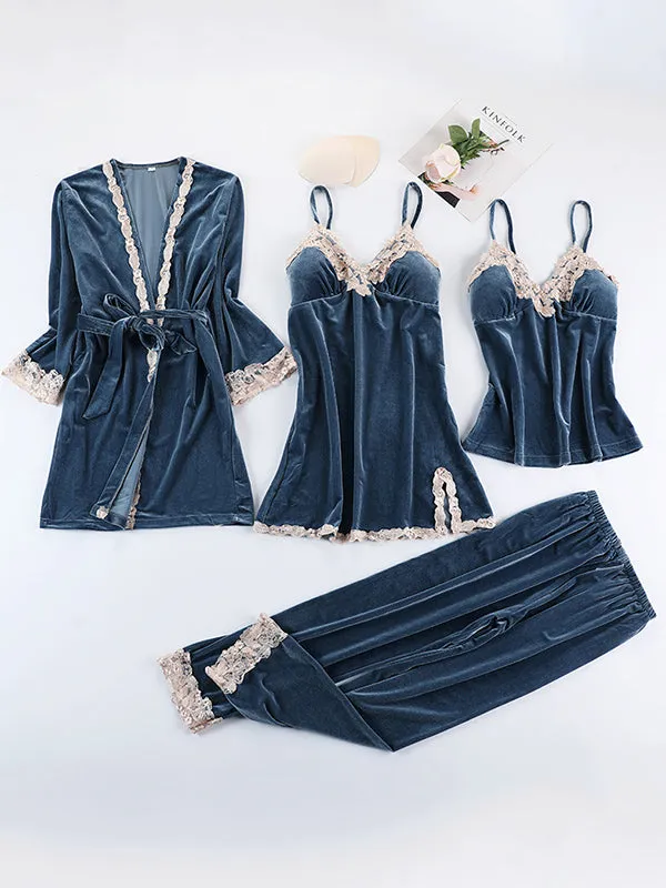 4pcs Lace Stitching Velvet Pajama Set