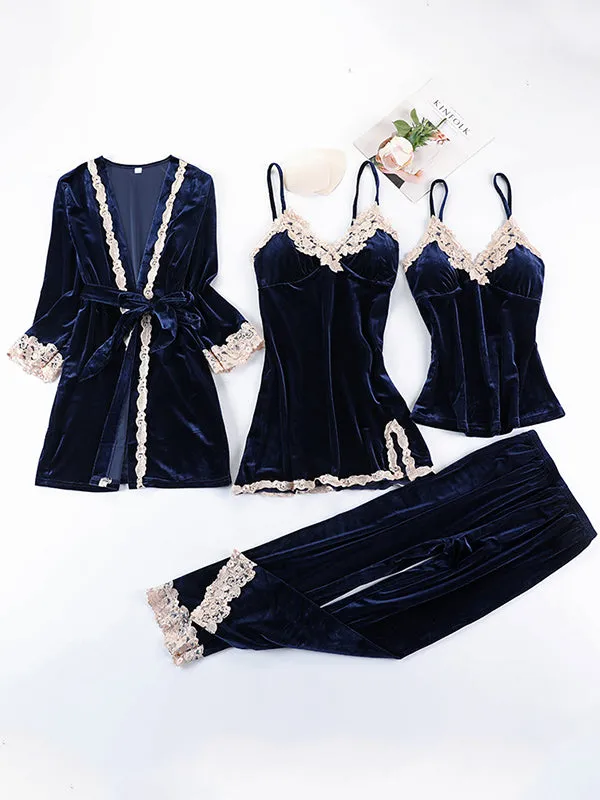 4pcs Lace Stitching Velvet Pajama Set