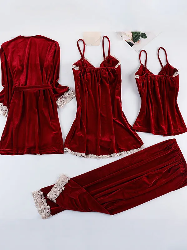 4pcs Lace Stitching Velvet Pajama Set