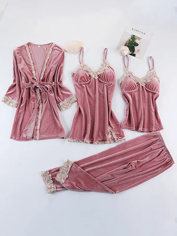 4pcs Lace Stitching Velvet Pajama Set