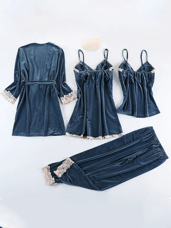 4pcs Lace Stitching Velvet Pajama Set