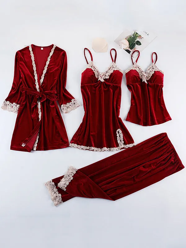 4pcs Lace Stitching Velvet Pajama Set