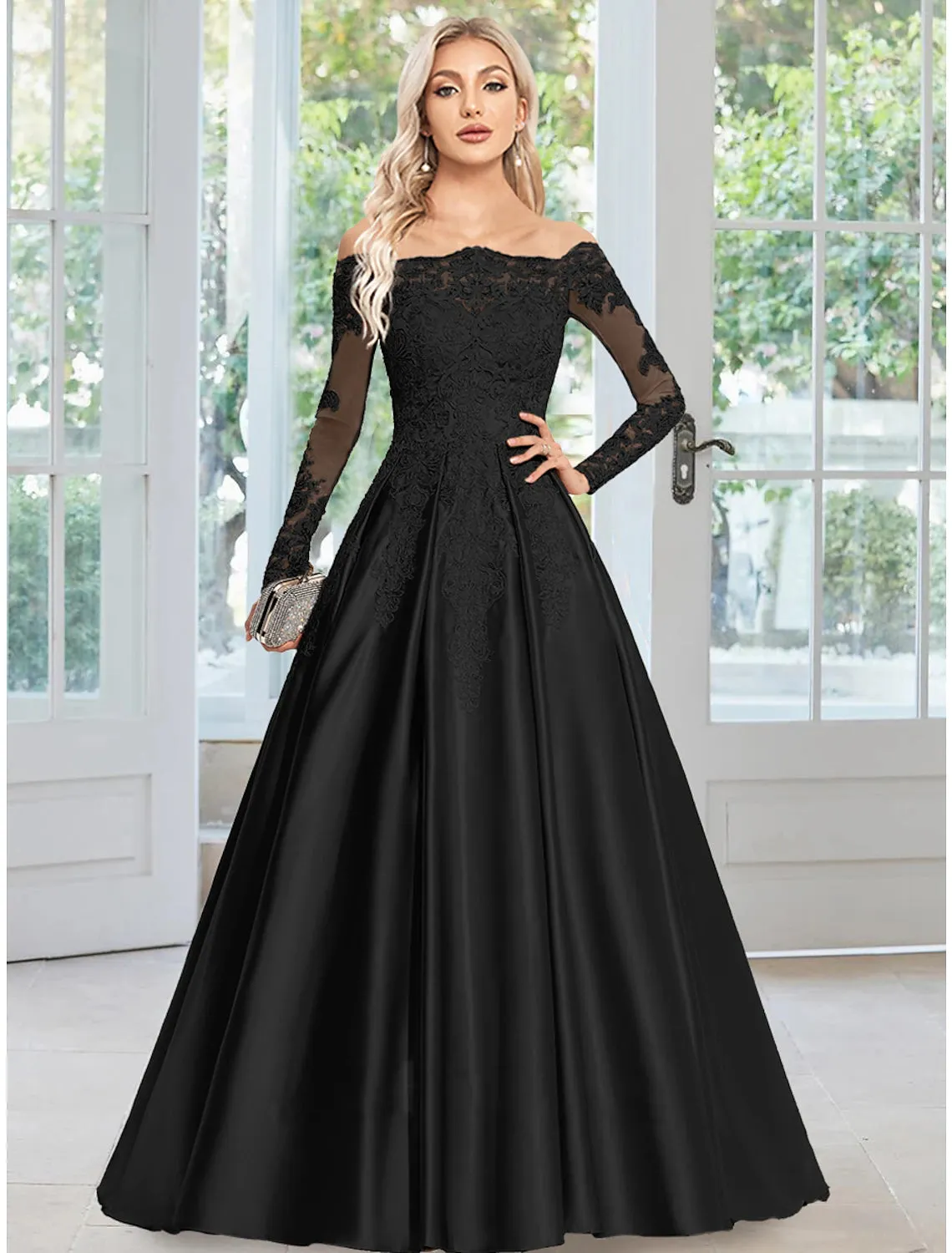 A-Line Evening Gown Elegant Dress Formal Wedding Guest Court Train Long Sleeve Off Shoulder Satin with Appliques