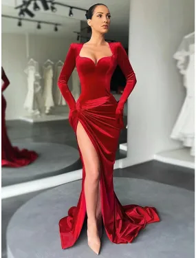 A-Line Evening Gown Vintage Dress Formal Fall Court Train Long Sleeve Sweetheart Velvet with Ruched Slit