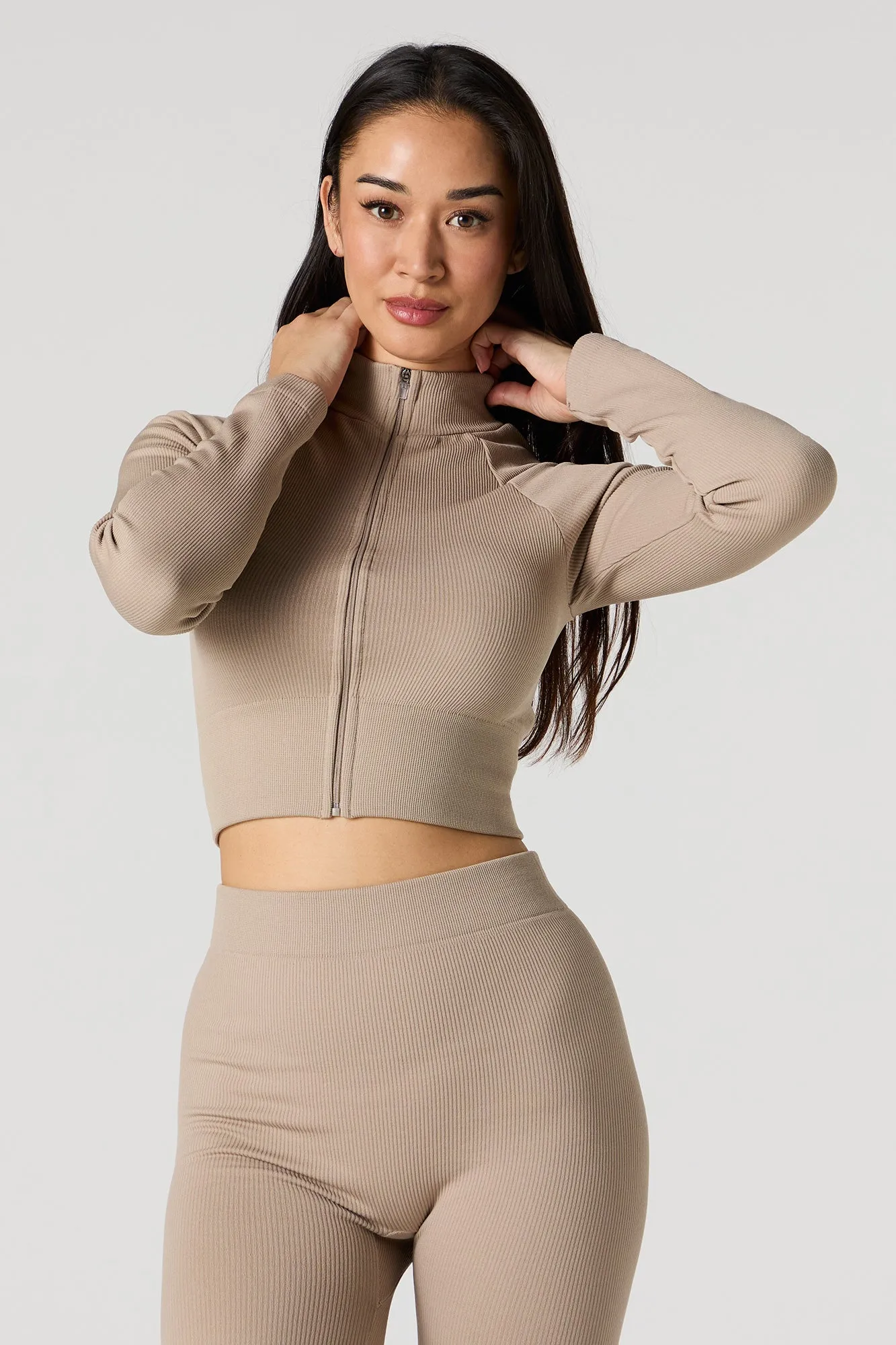 Active Seamless Ribbed Zip-Up Long Sleeve Top