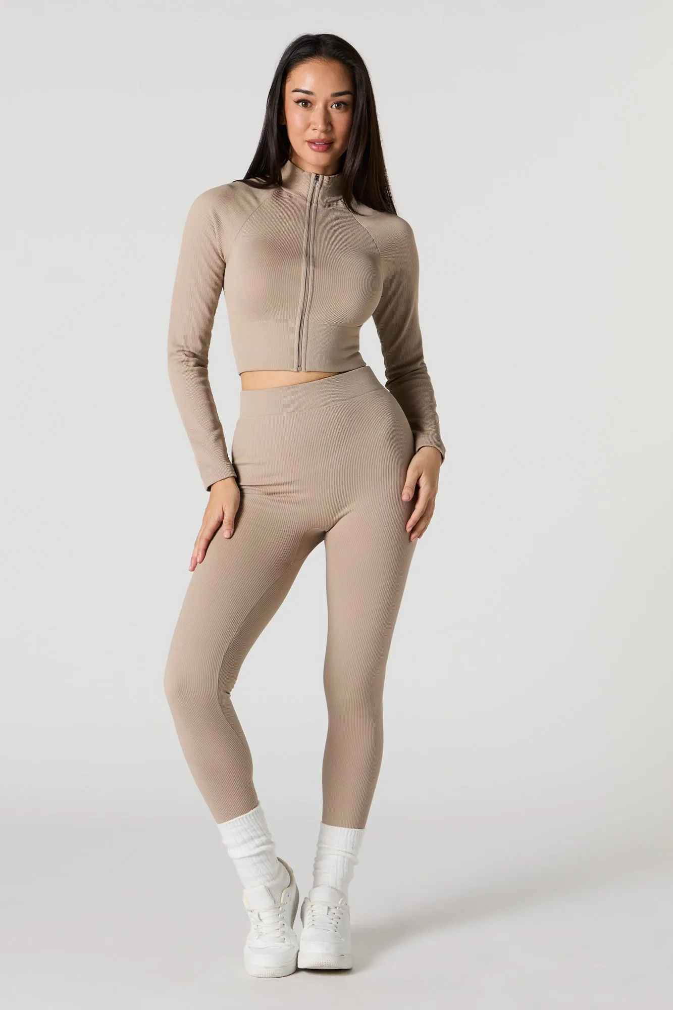 Active Seamless Ribbed Zip-Up Long Sleeve Top