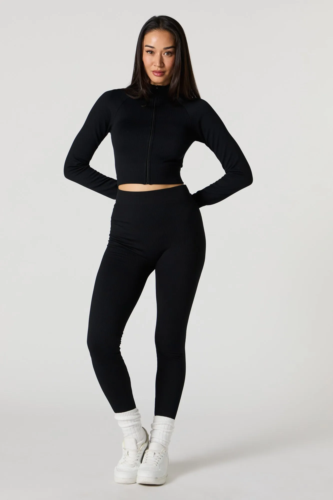 Active Seamless Ribbed Zip-Up Long Sleeve Top