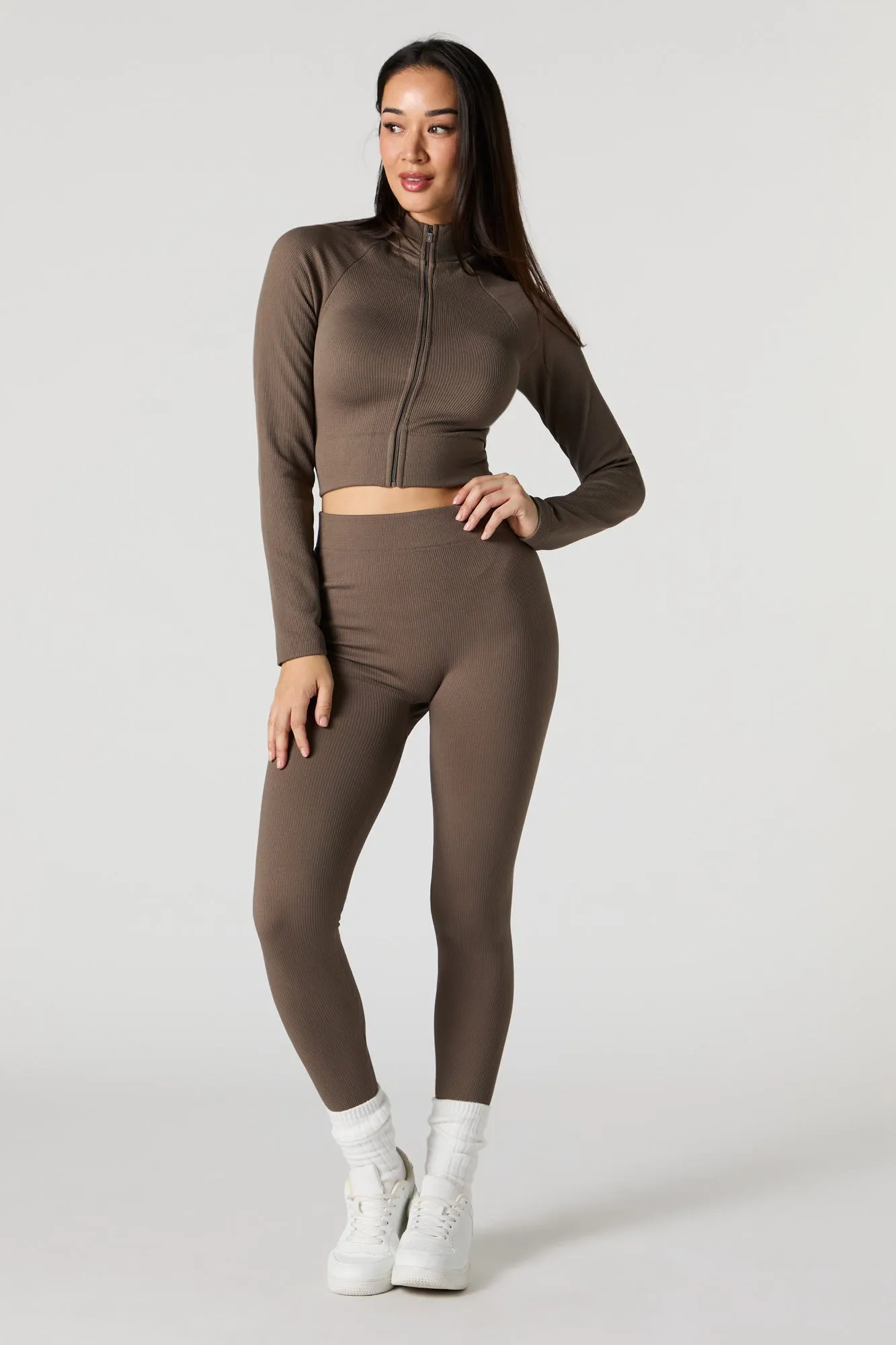 Active Seamless Ribbed Zip-Up Long Sleeve Top