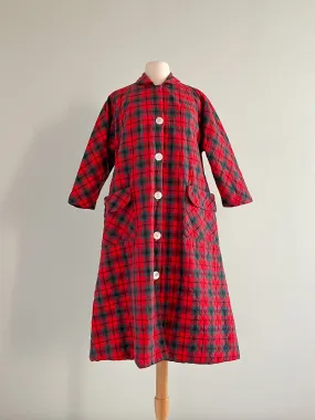 Amazing 1960's Red and Green Plaid Quilted Holiday Duster Coat / Sz M