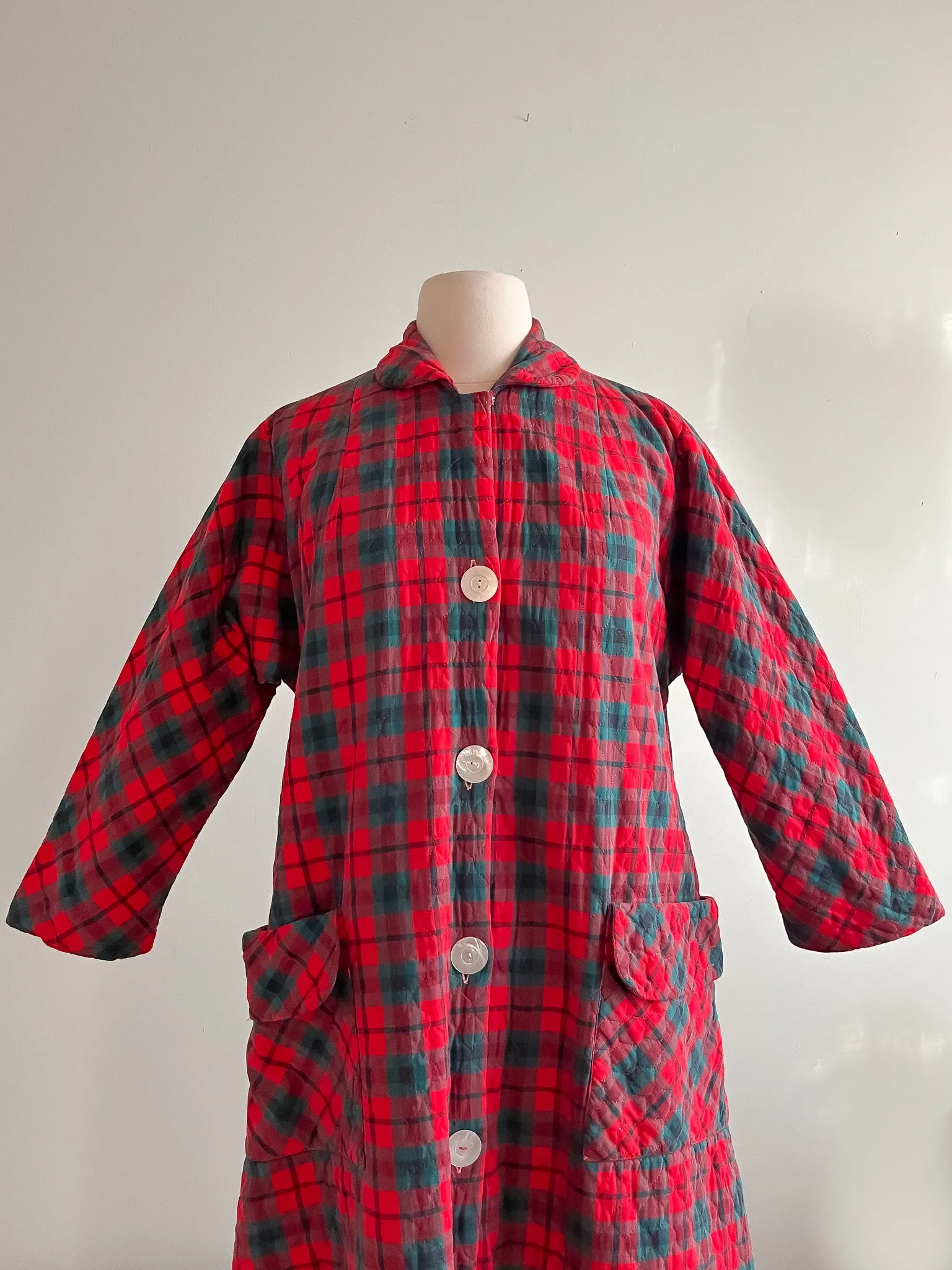 Amazing 1960's Red and Green Plaid Quilted Holiday Duster Coat / Sz M