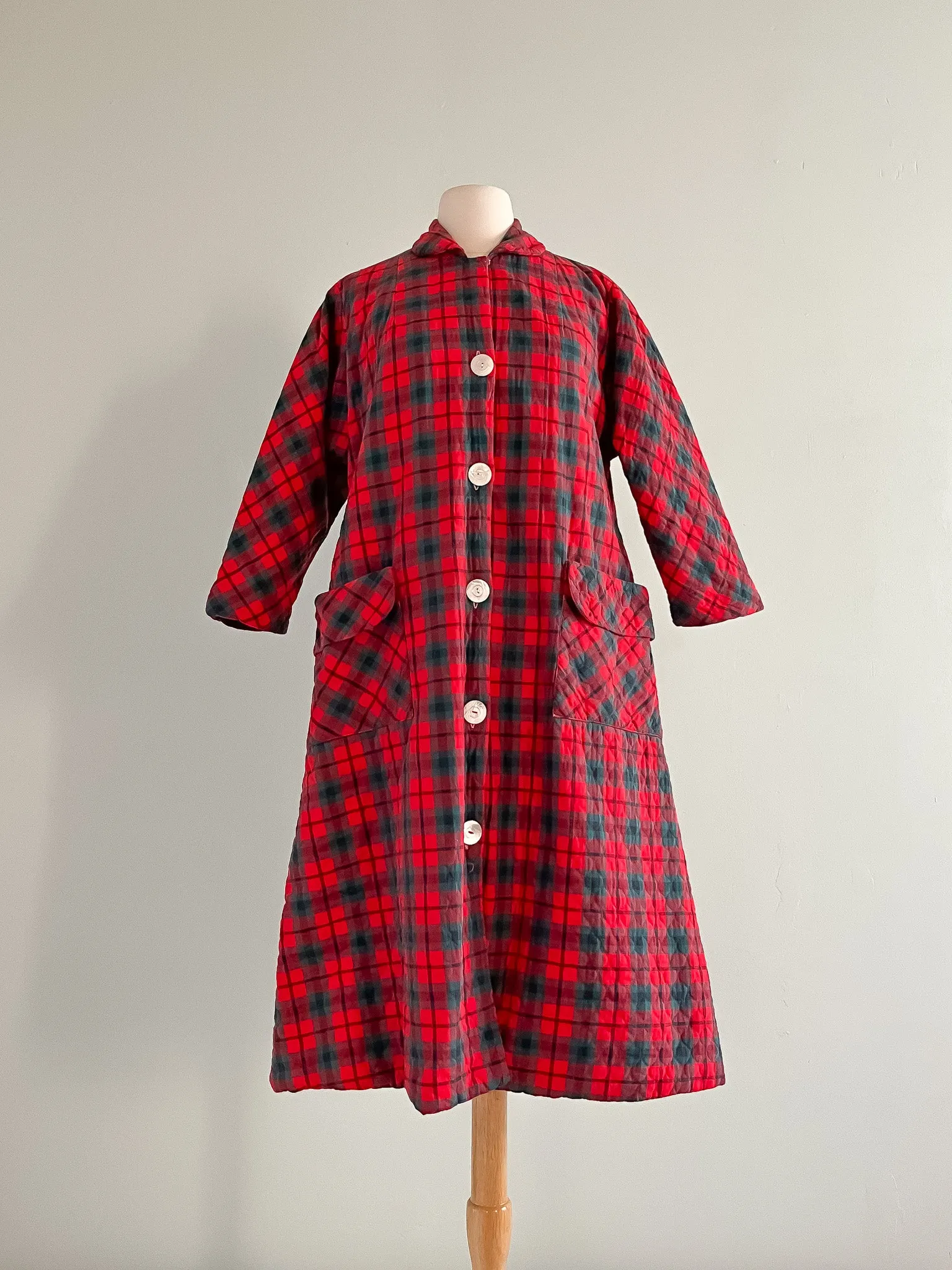 Amazing 1960's Red and Green Plaid Quilted Holiday Duster Coat / Sz M