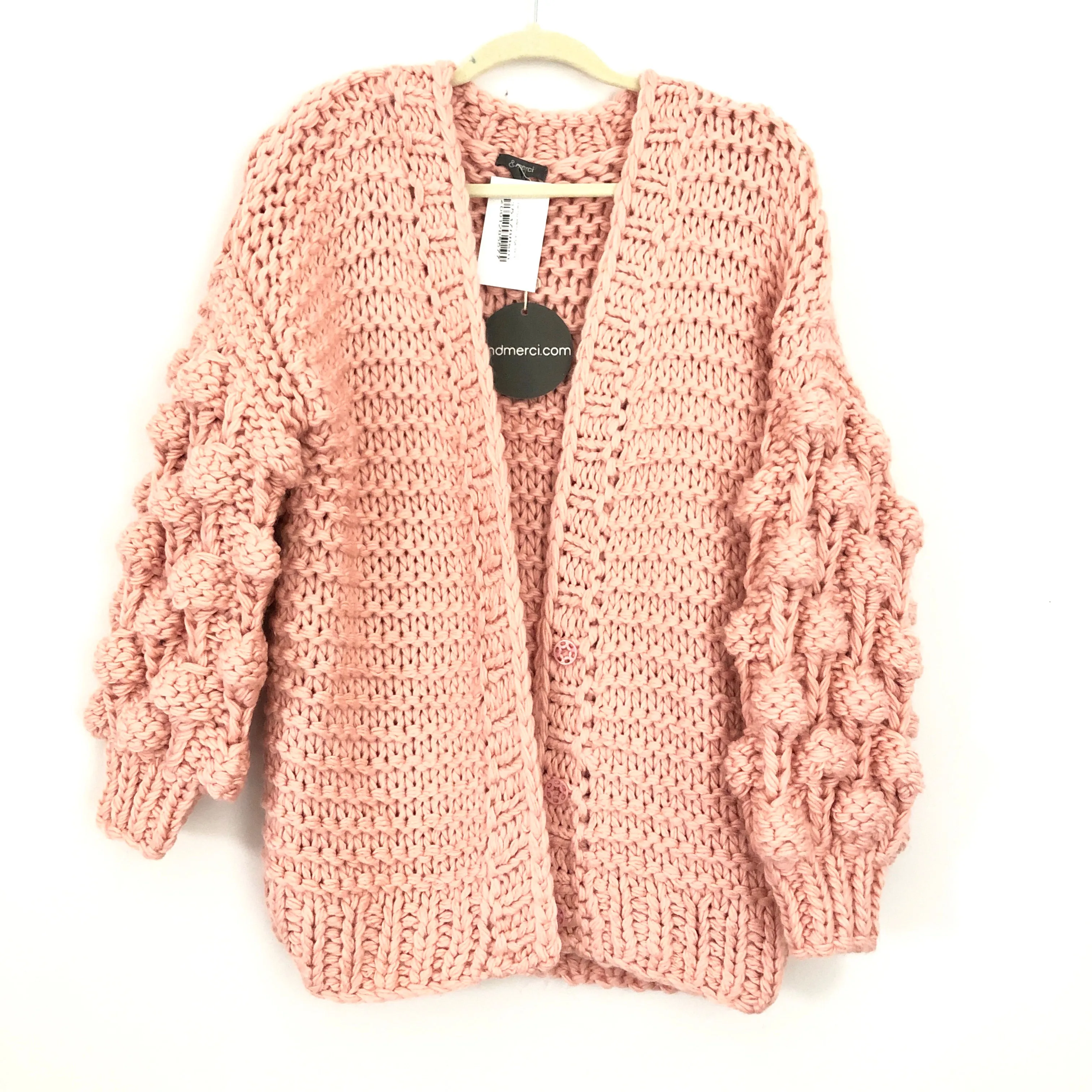 &Merci (Pink Lily) Hold Your Attention Pom Pom Sleeve Knit Cardigan NWT- Size S