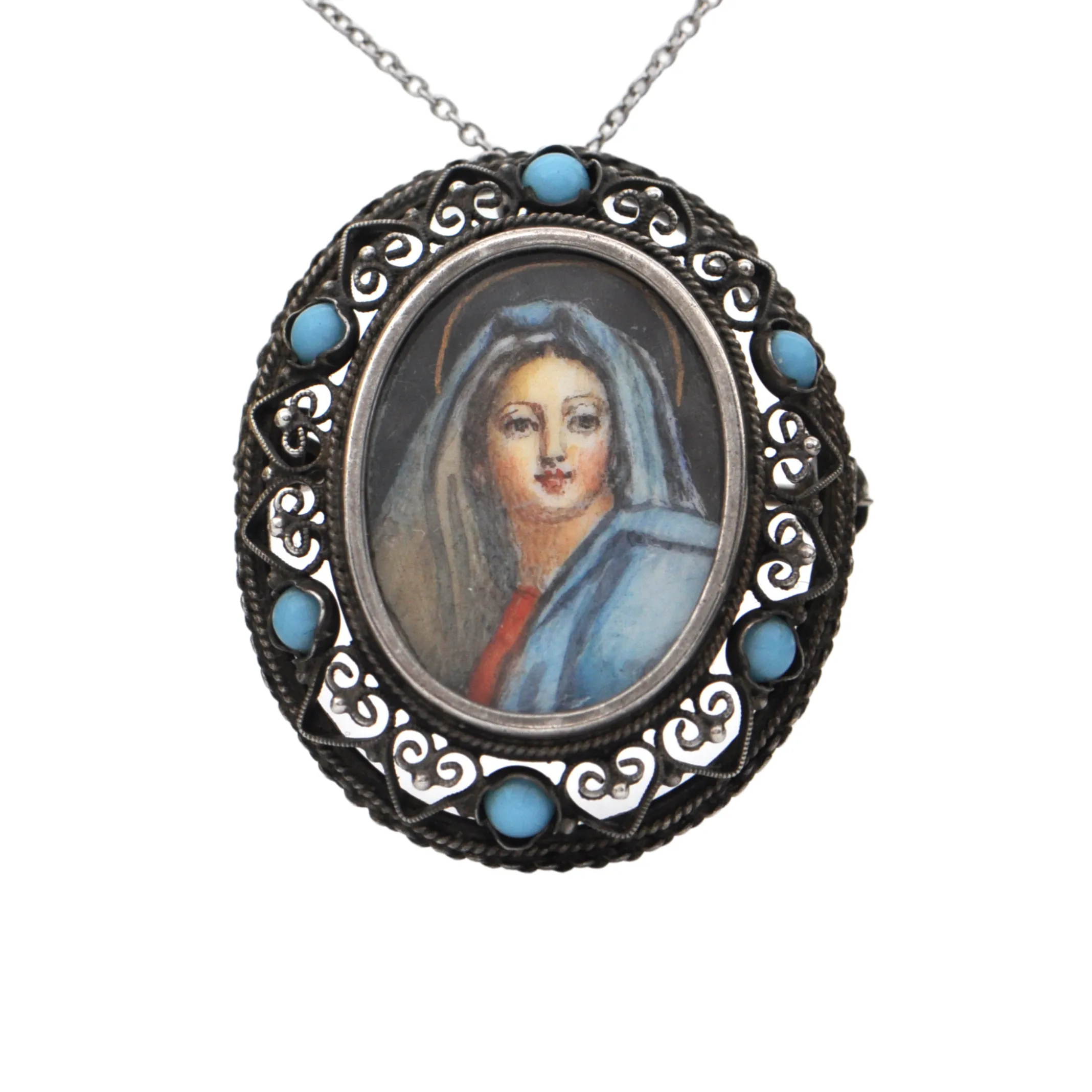 Antique Silver Virgin Mary Portrait Pendant/Brooch