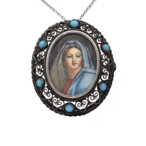 Antique Silver Virgin Mary Portrait Pendant/Brooch