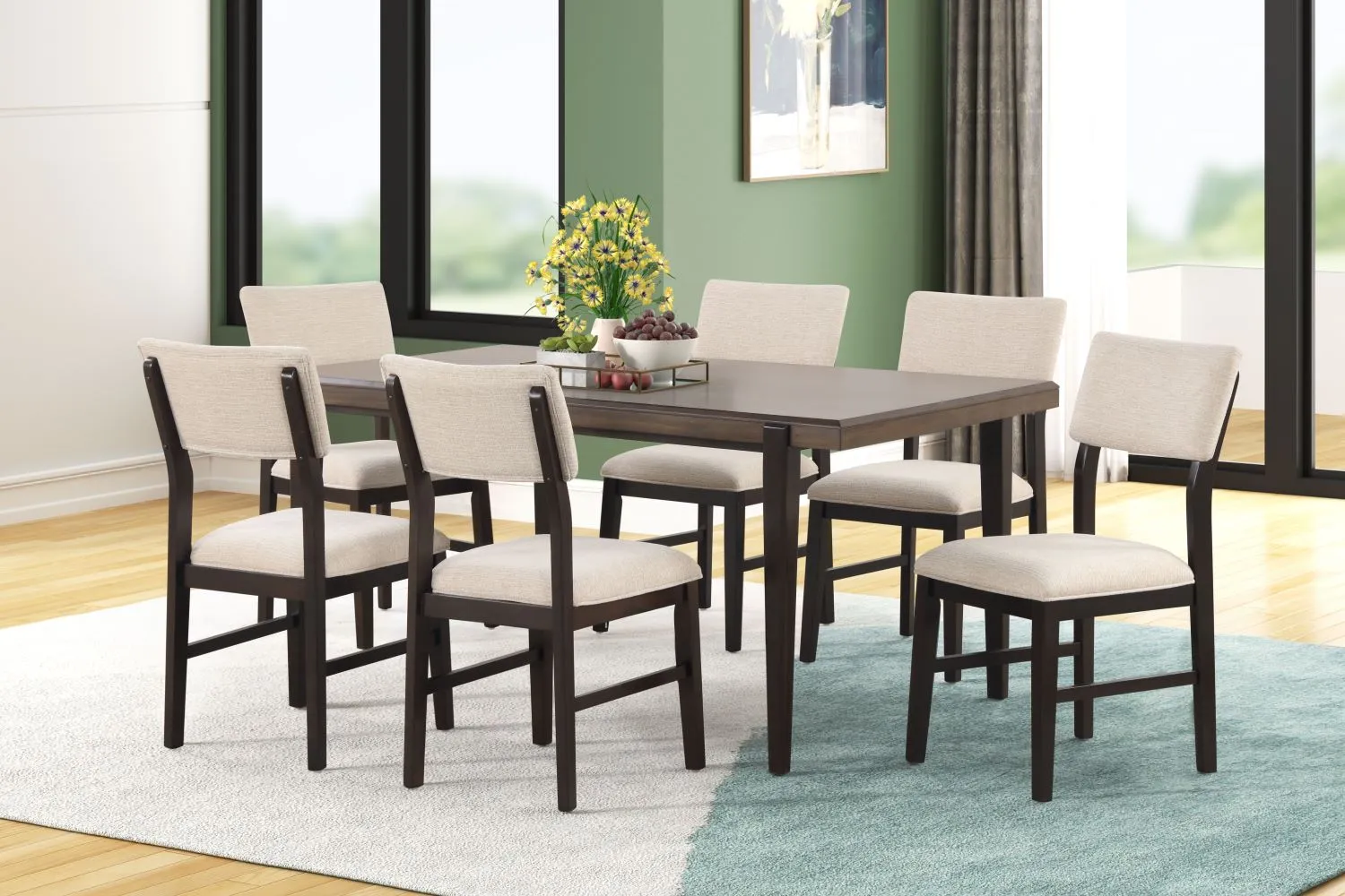 Arabella 7-Piece Dining Set with Upholstered Back- Black, Brown