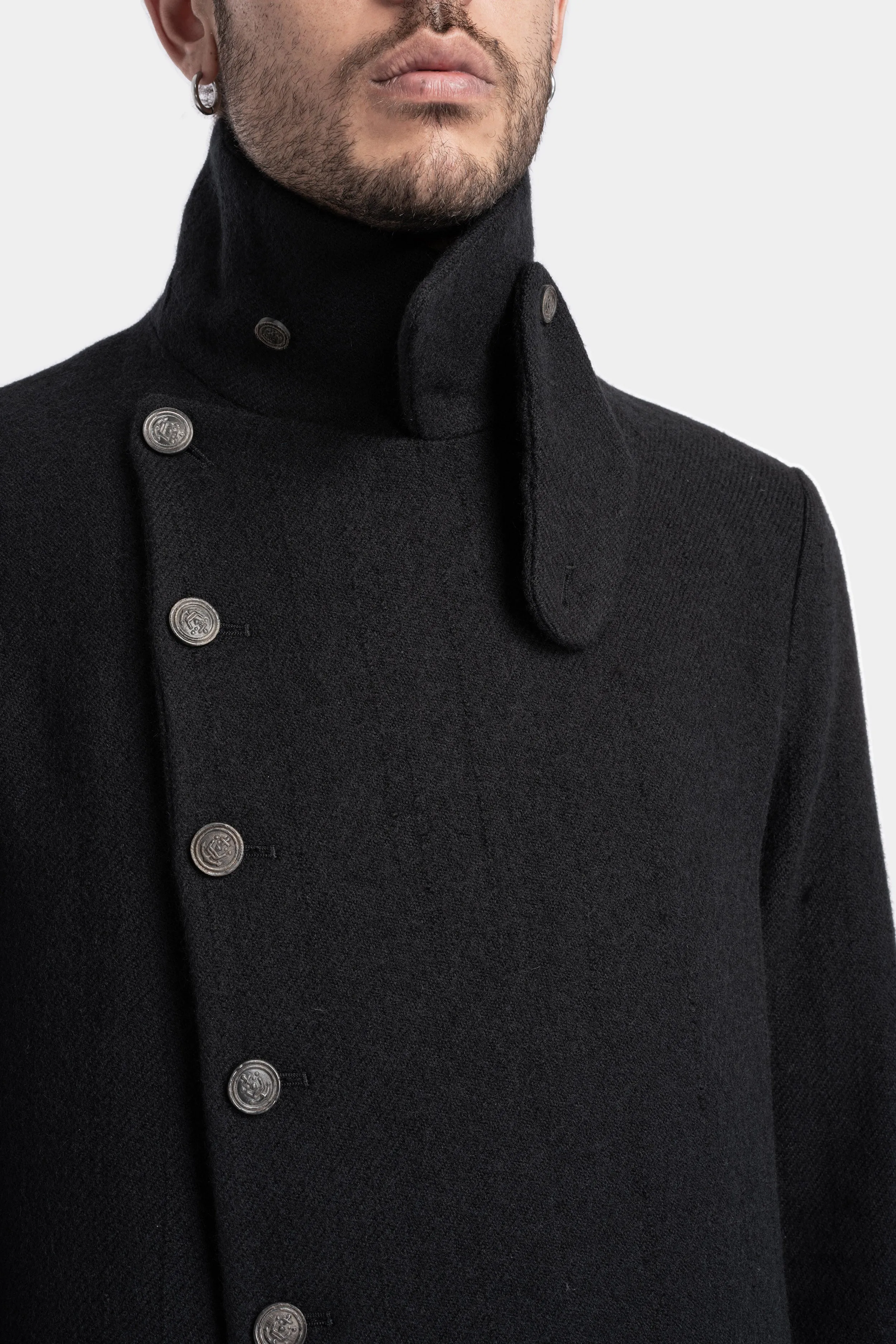 Asymmetrical buttoned high neck wool coat