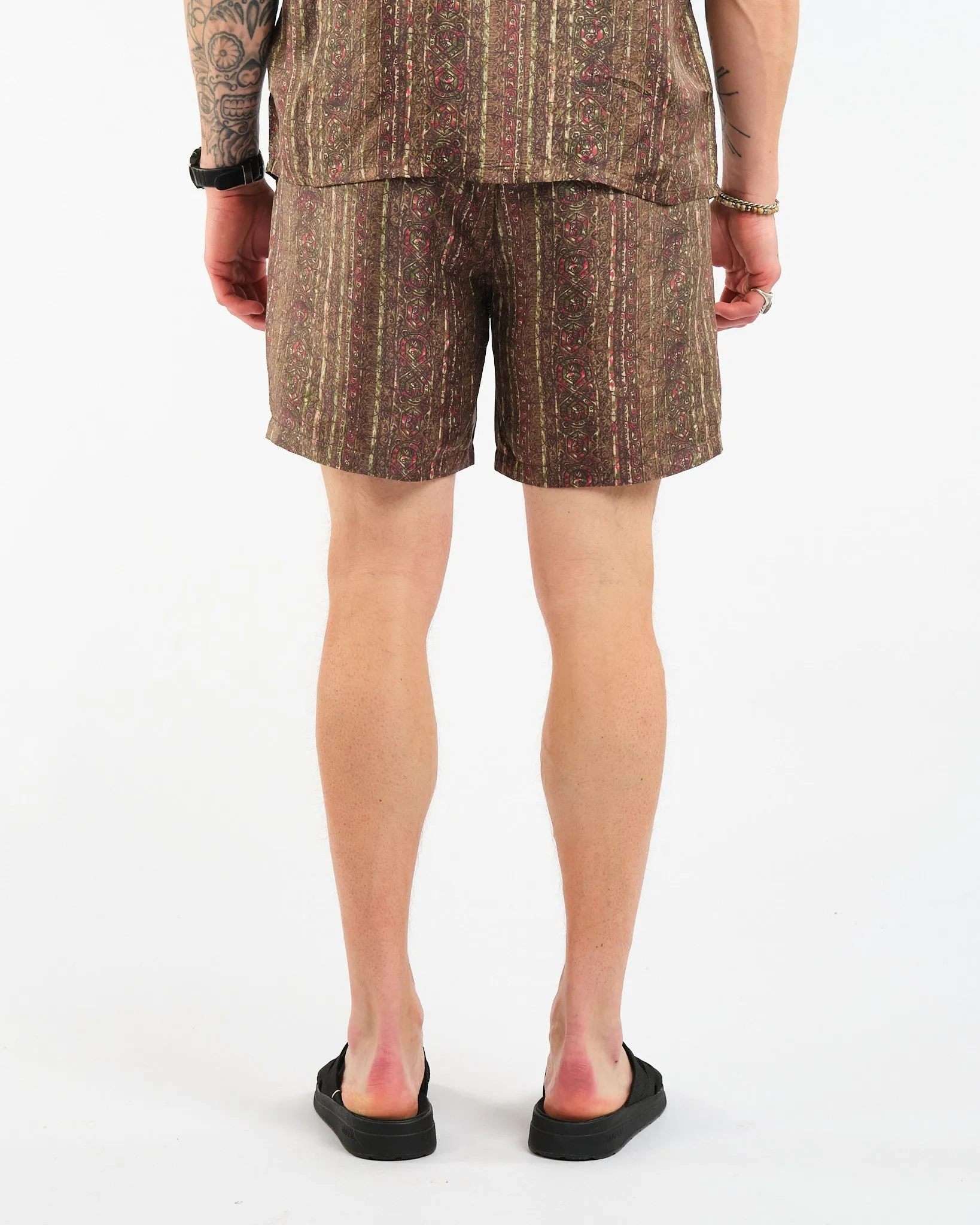 Beach Shorts Silk Batik Print Olive