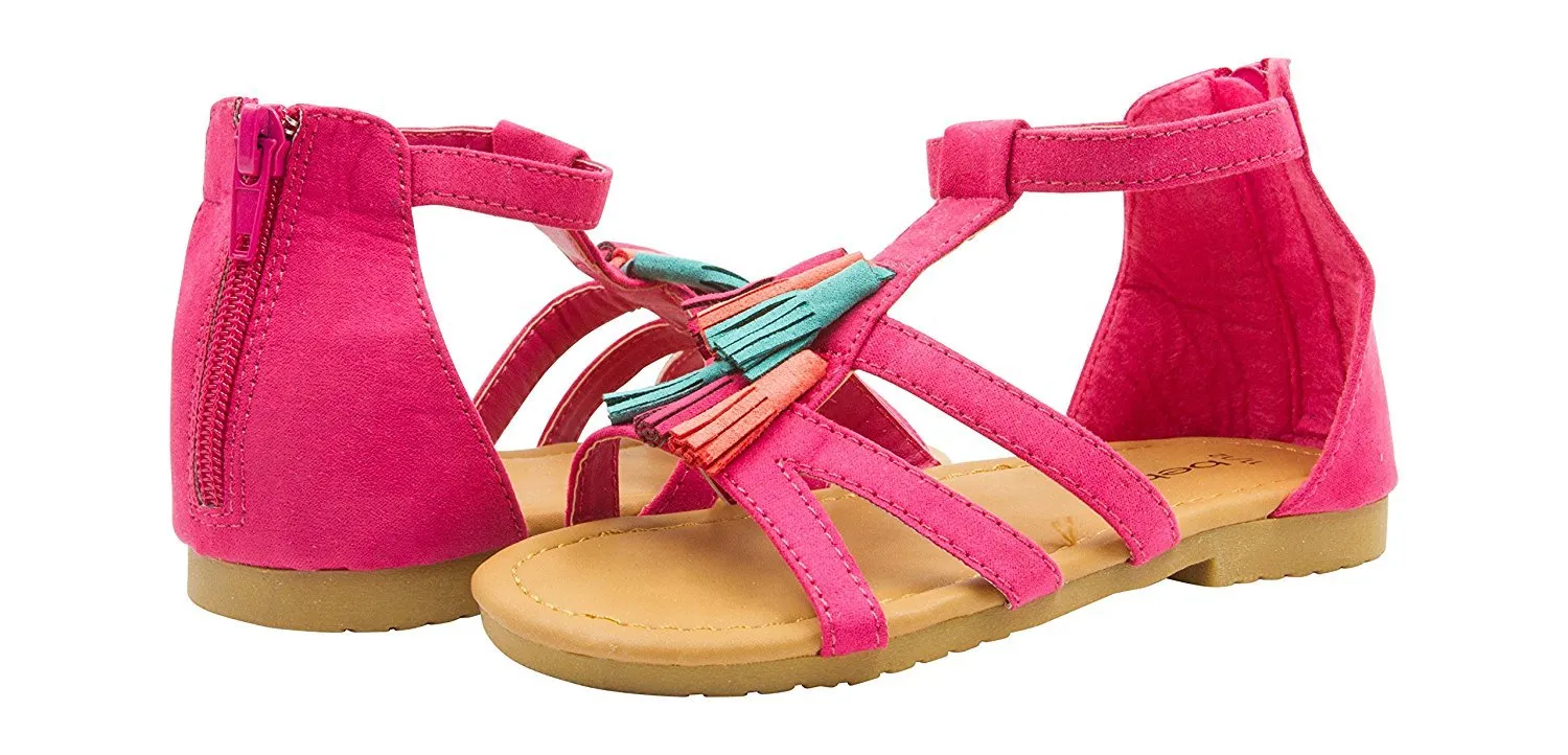 bebe Girls Velvet T Strap Back Zipper Ankle Sandals with Tassels 9/10 Fuchsia