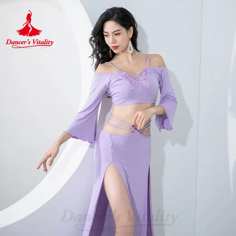 Belly Dance Butterfly Costume for Women Short Sleeves Top split Long Skirt 2pcs Adult Oriental Belly Dancing Wear Outfit