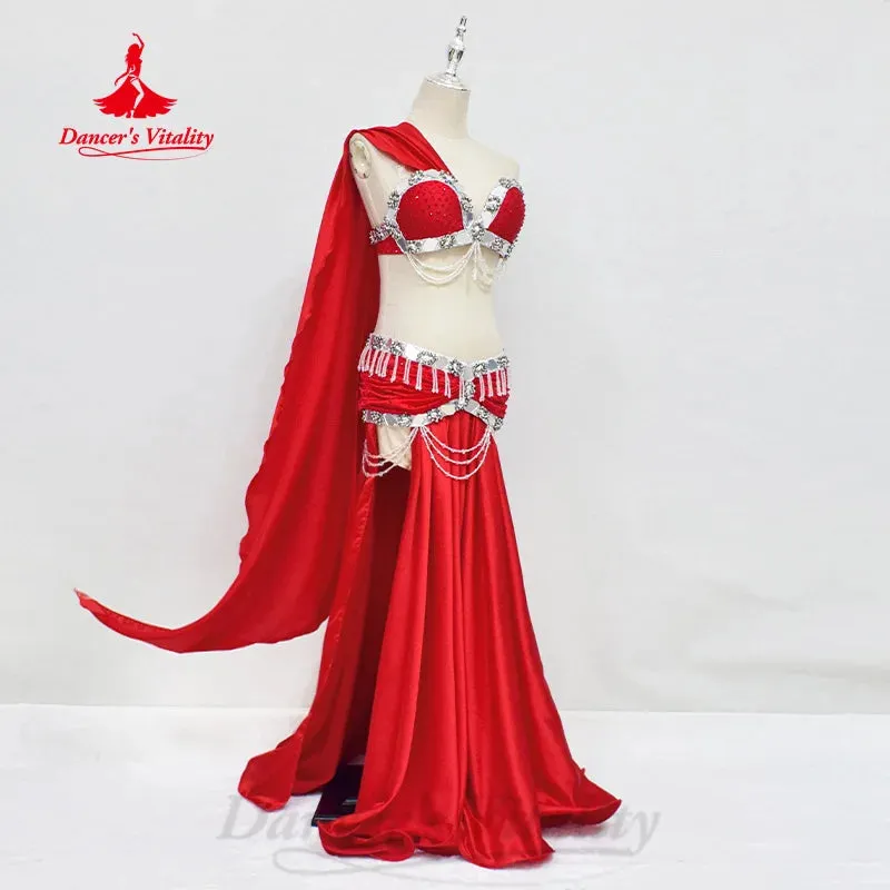 Belly Dancing Performance Costume Women Customized Senior AB Stones Bra tassel Satin Long Skirt 2pcs Oriental Dance Outfit Suit