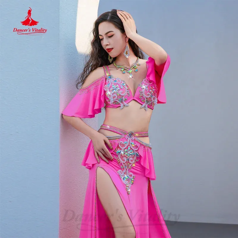 BellyDance Costume Set Customized Exquisite Pearl Bra rhinestone Split Long Skirt 2pcs Women Oriental Dance Performance Costumes