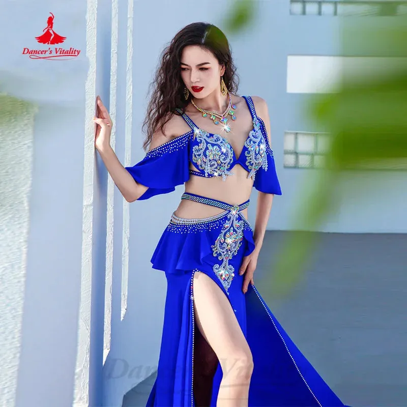 BellyDance Costume Set Customized Exquisite Pearl Bra rhinestone Split Long Skirt 2pcs Women Oriental Dance Performance Costumes