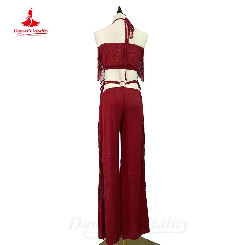 Bellydance Practice Suit Customized Sleeveless Fringe Top comfortable Long Pants 2pcs Women Oriental Dance Performance Clothing