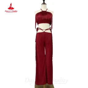 Bellydance Practice Suit Customized Sleeveless Fringe Top comfortable Long Pants 2pcs Women Oriental Dance Performance Clothing