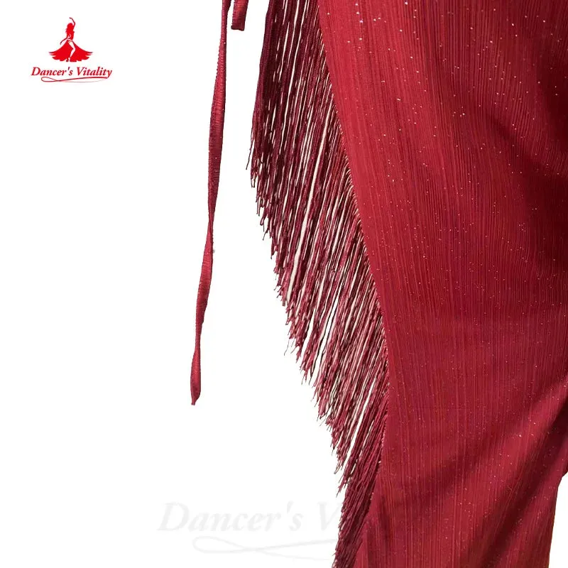 Bellydance Practice Suit Customized Sleeveless Fringe Top comfortable Long Pants 2pcs Women Oriental Dance Performance Clothing