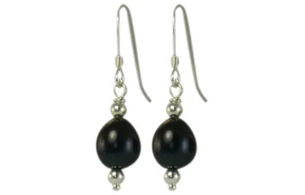 Black Freshwater Pearl and Solid Sterling Silver Hook Earrings