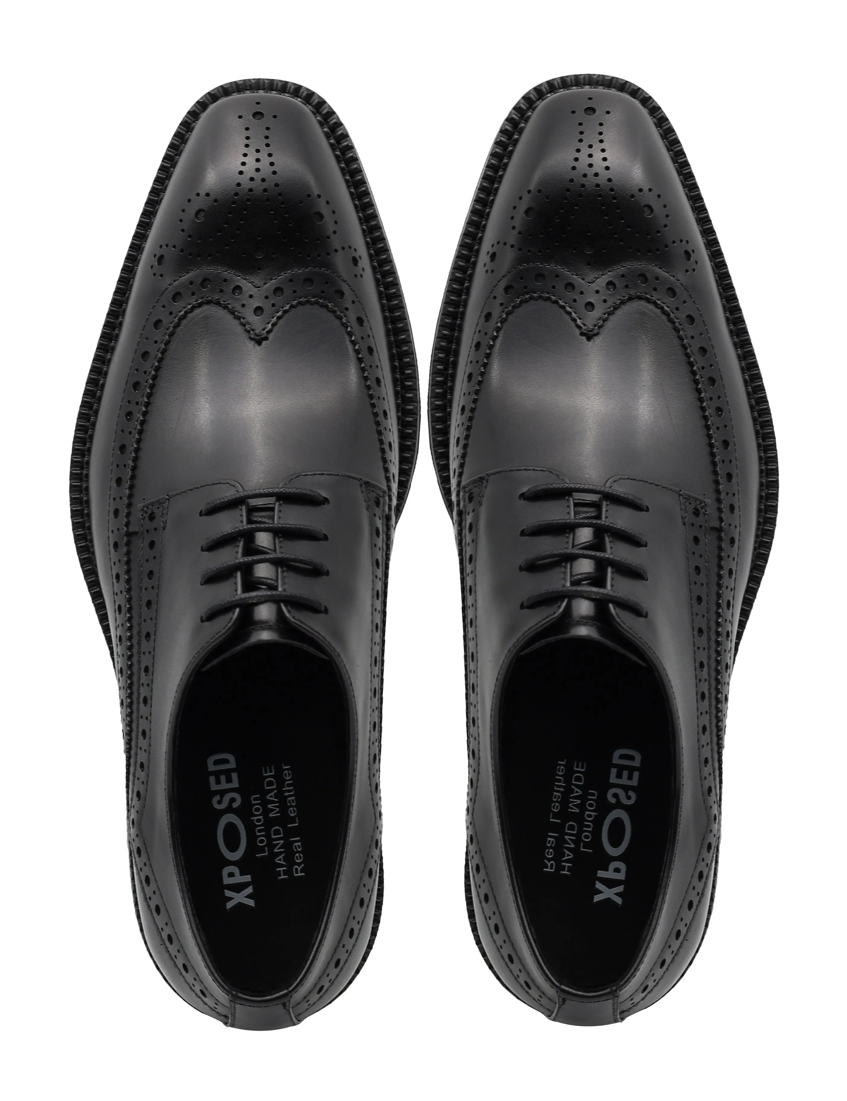 BLACK LEATHER DERBY LACE-UP SEMI BROGUE SHOES