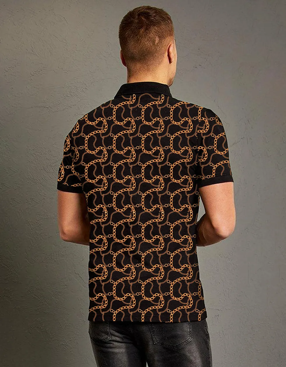 Black Printed All Over Geometric Printed Polo T-shirt