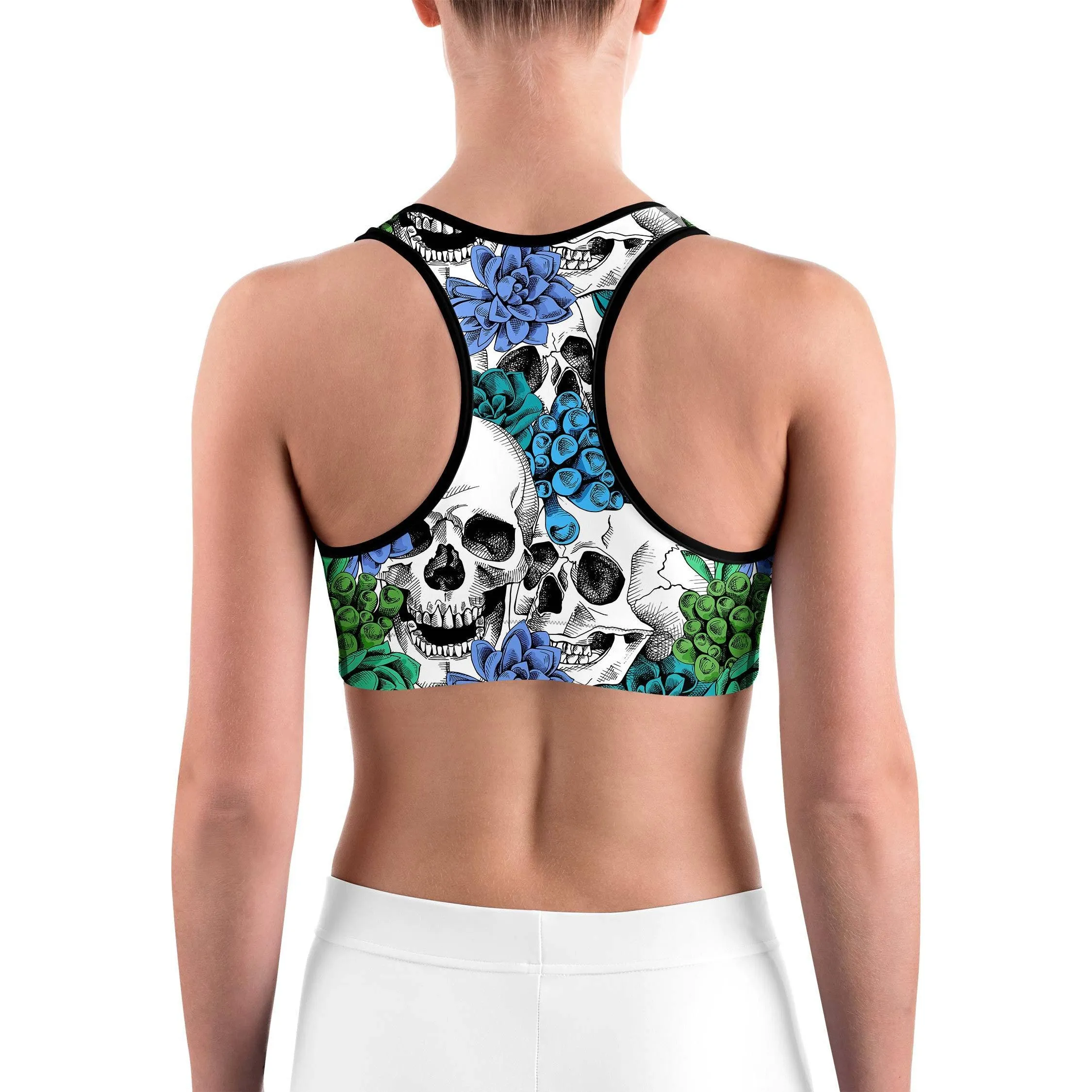 Blue Floral Skulls Sports Bra