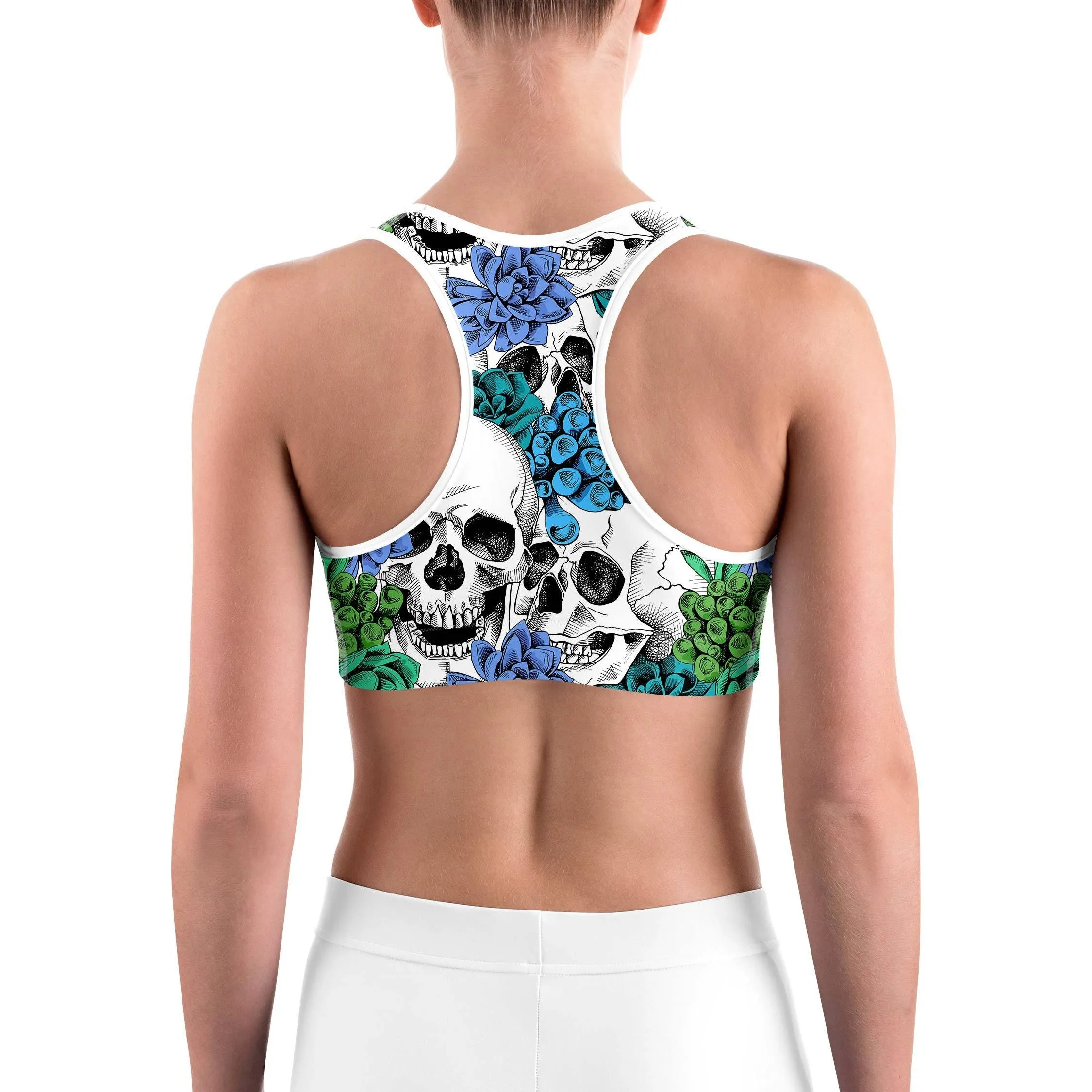 Blue Floral Skulls Sports Bra