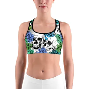 Blue Floral Skulls Sports Bra